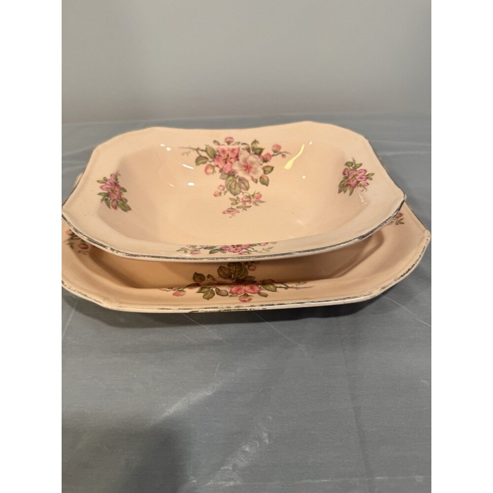 Vintage TST Co Floral Serving Bowl Underplate Set Octagonal Taylor Smith Taylor